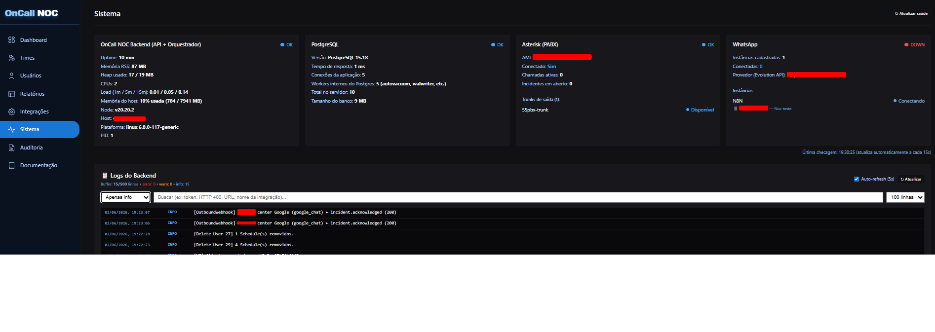 Sistema: configuracoes e logs do backend